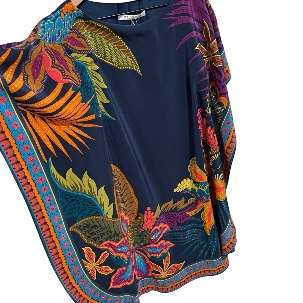 Trina Turk Global Silk Caftan Dress Womens Extra Small Navy Floral Tropical $398 - Picture 5 of 14